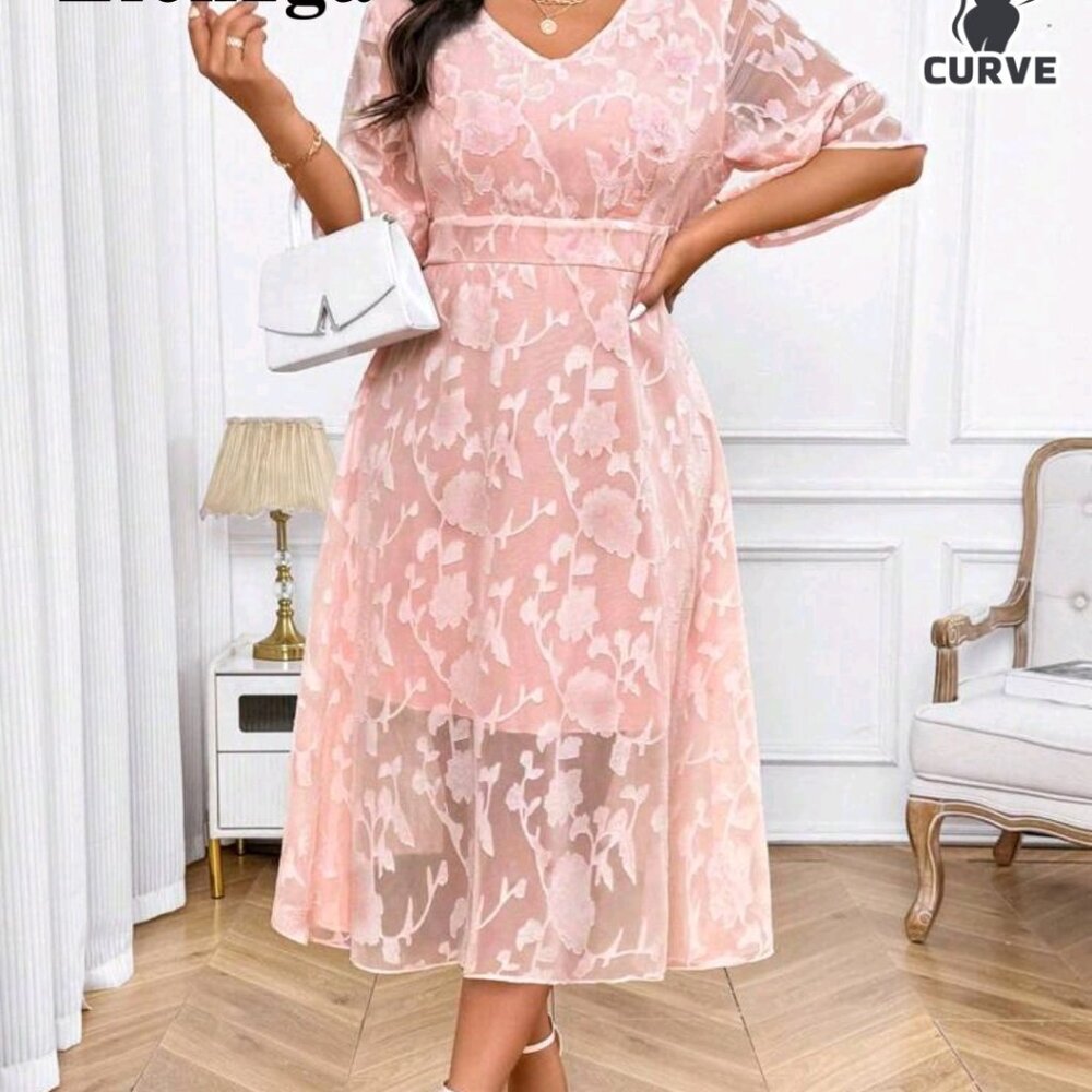 Plus Jacquard Flounce Sleeve Midi Dress - Picture 9 of 9